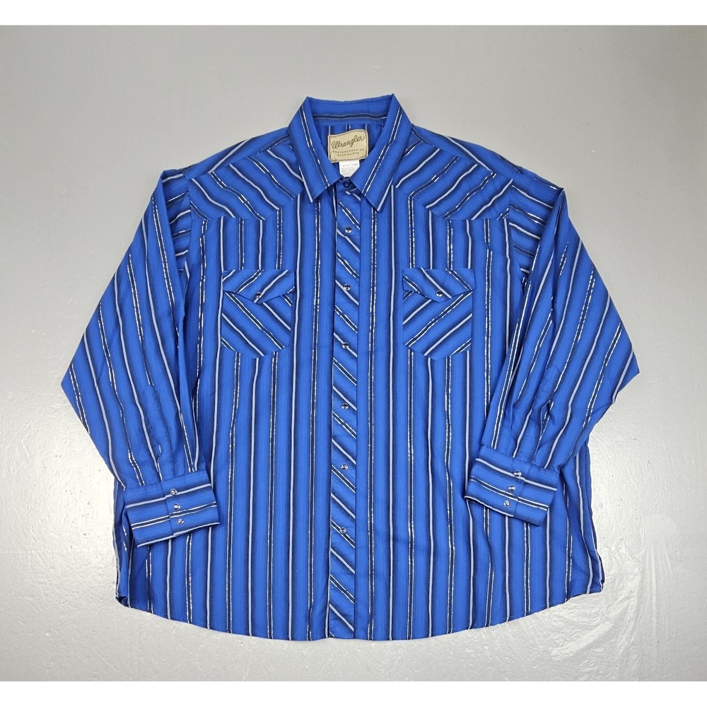 Wrangler Pearl Snap Shirt Mens 3XL Blue Black Silver Metallic Pinstripe  Western